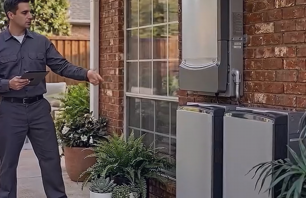 Certified technician inspecting an EcoFlow home battery system on a Texas home