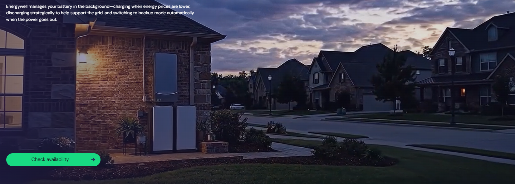 Texas suburban neighborhood at dusk with an EcoFlow home battery system installed on a brick home